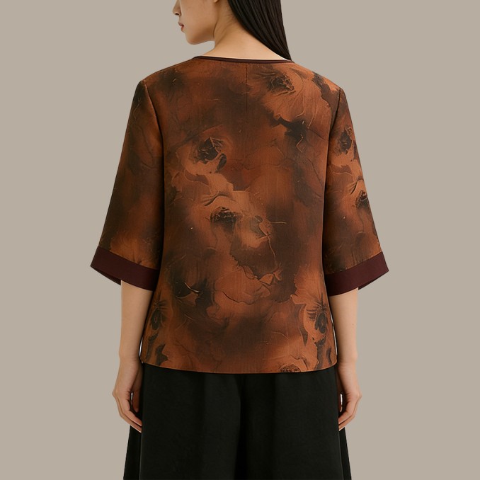 Floral-Print Pearl Satin Chinese-Style Top