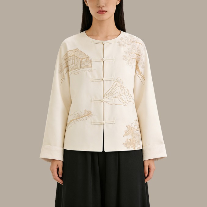 New Chinese-Style Loose-Fit Embroidered Round-Neck Button-Up Top