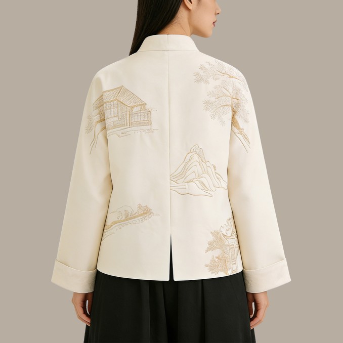 New Chinese-Style Loose-Fit Embroidered Round-Neck Button-Up Top