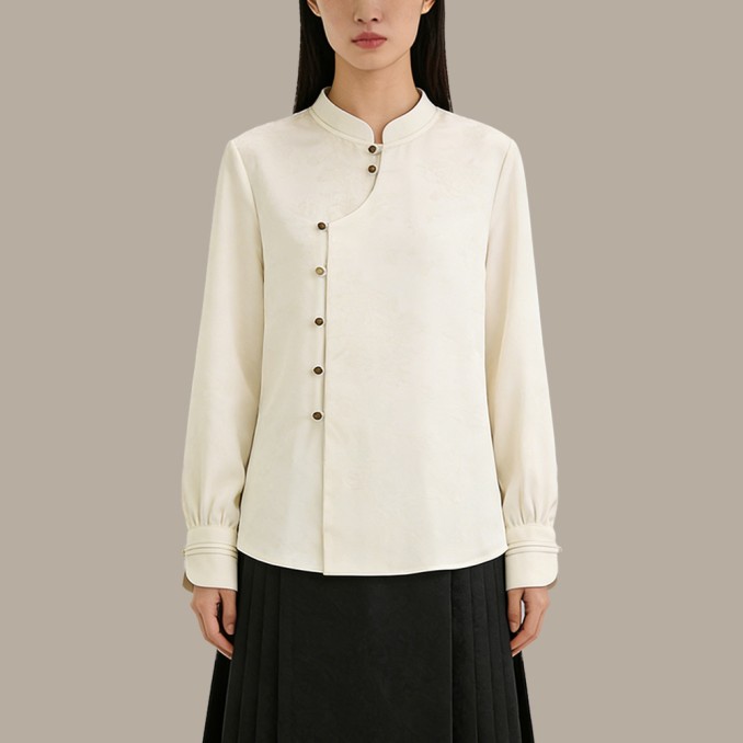 Round-Neck Top with Diagonal Chinese-Style Button Closure