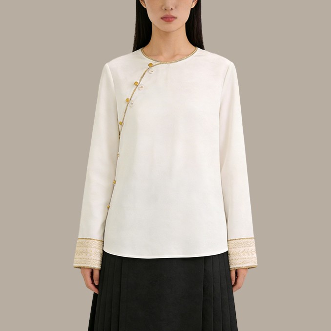 Jacquard Crew-Neck Top with Embroidery and Diagonal Button Closure