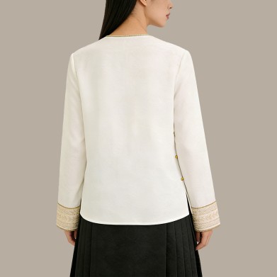 Jacquard Crew-Neck Top with Embroidery and Diagonal Button Closure