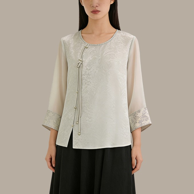 White Jacquard Chinese-Style Top with Tassels