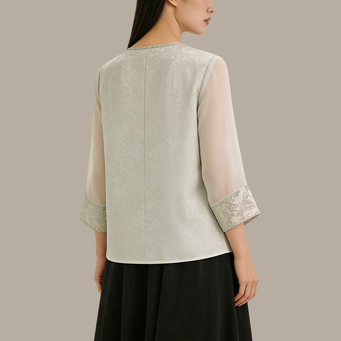White Jacquard Chinese-Style Top with Tassels