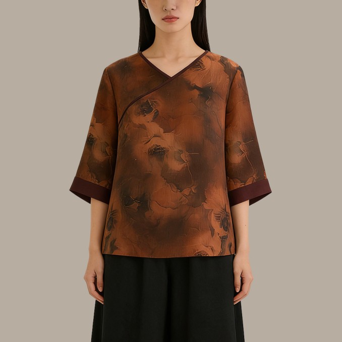 Floral-Print Pearl Satin Chinese-Style Top