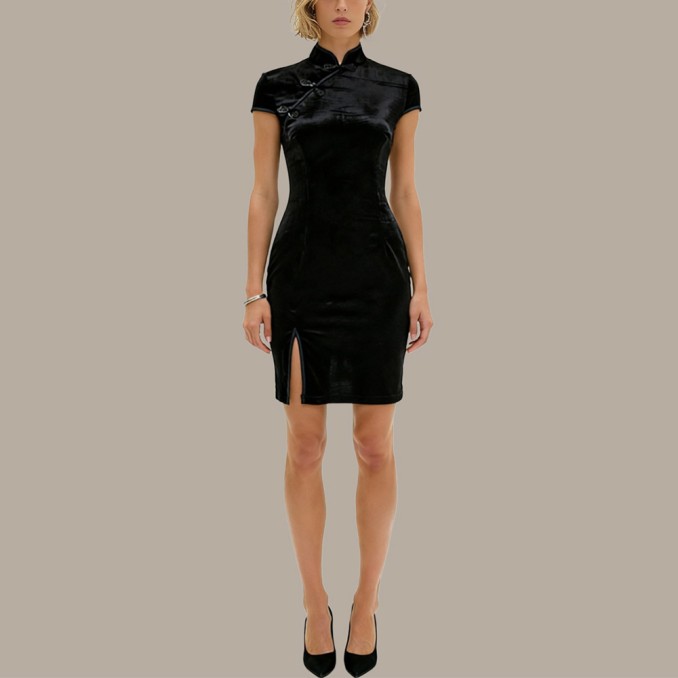Elastic fabric zippered slim-fit cheongsam
