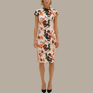 All-polyester round neck knee-length slim-fit cheongsam