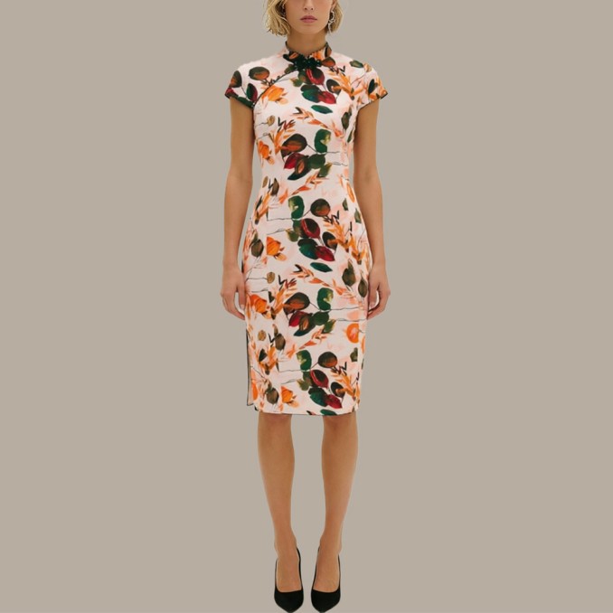 All-polyester round neck knee-length slim-fit cheongsam