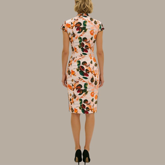 All-polyester round neck knee-length slim-fit cheongsam