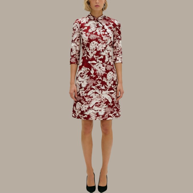 V-neck sequined straight hem fitted cheongsam