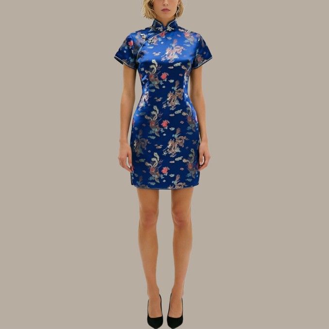 High-necked bias-cut Chinese-style satin cheongsam