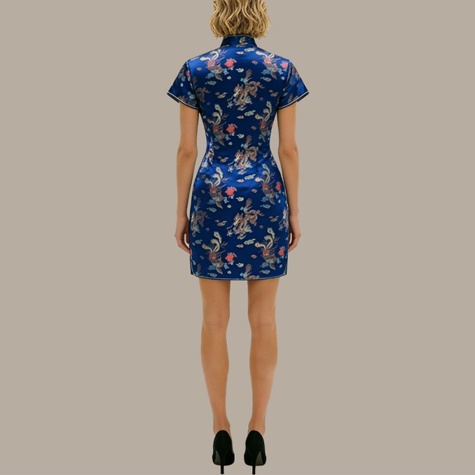 High-necked bias-cut Chinese-style satin cheongsam