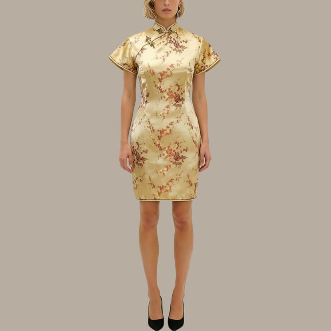 Stand-up collar straight-cut satin cheongsam