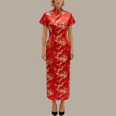 High-necked curved-hem satin cheongsam