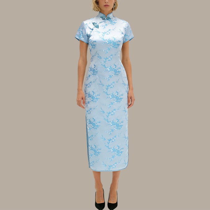 Blue printed satin cheongsam