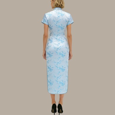 Blue printed satin cheongsam