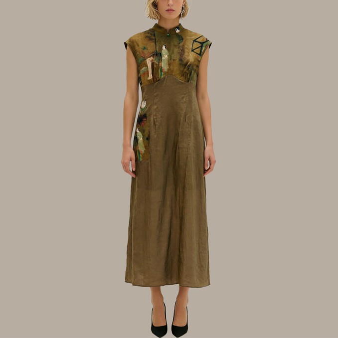 Chinese-style printed patchwork cheongsam