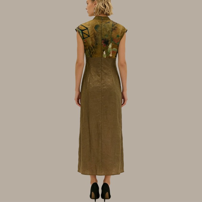 Chinese-style printed patchwork cheongsam