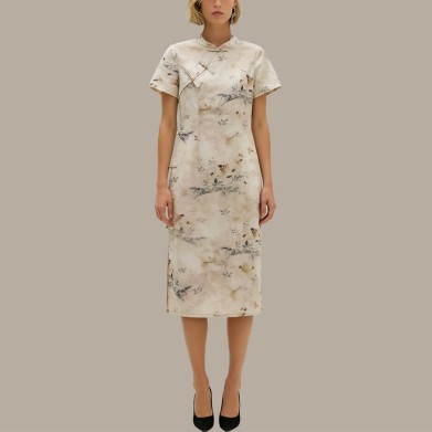 Chinese-style printed button short-sleeved cheongsam