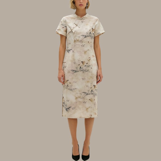 Chinese-style printed button short-sleeved cheongsam