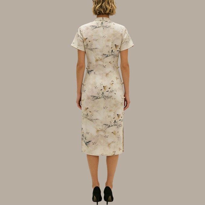 Chinese-style printed button short-sleeved cheongsam