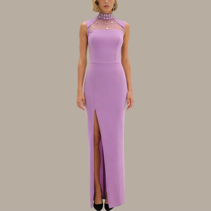 Vintage purple diamond embroidered sleeveless cheongsam