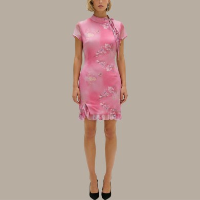 Round neck slim-fit pencil short-sleeved cheongsam