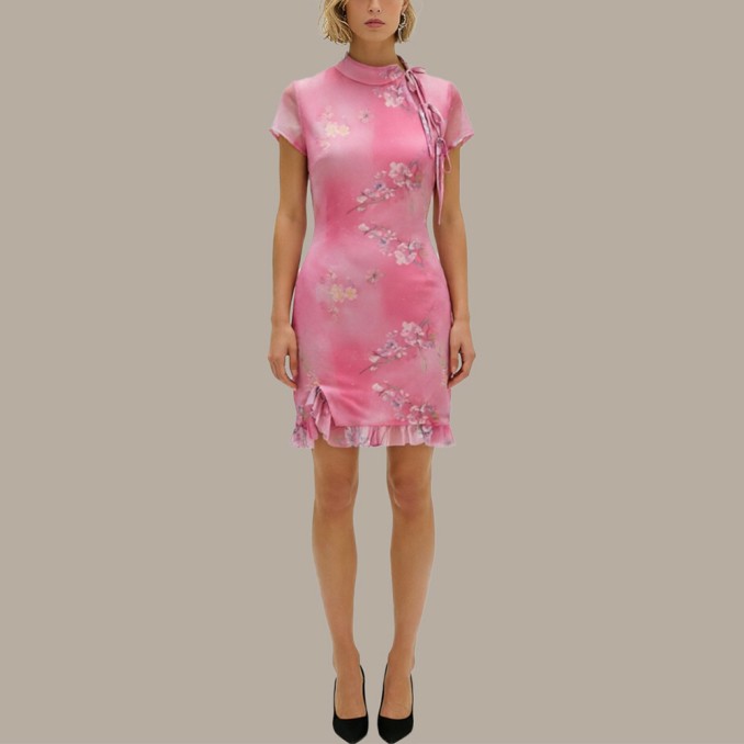 Round neck slim-fit pencil short-sleeved cheongsam