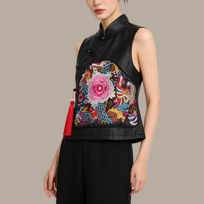 Retro-Style Chinese Embroidered Sheepskin Women's Vest