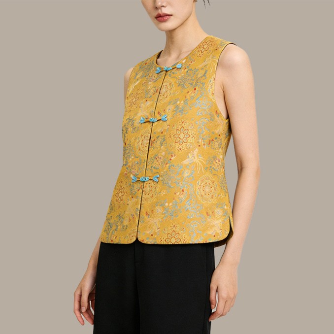 New Chinese-Style Stand-Collar Embroidered Button-Front Vest