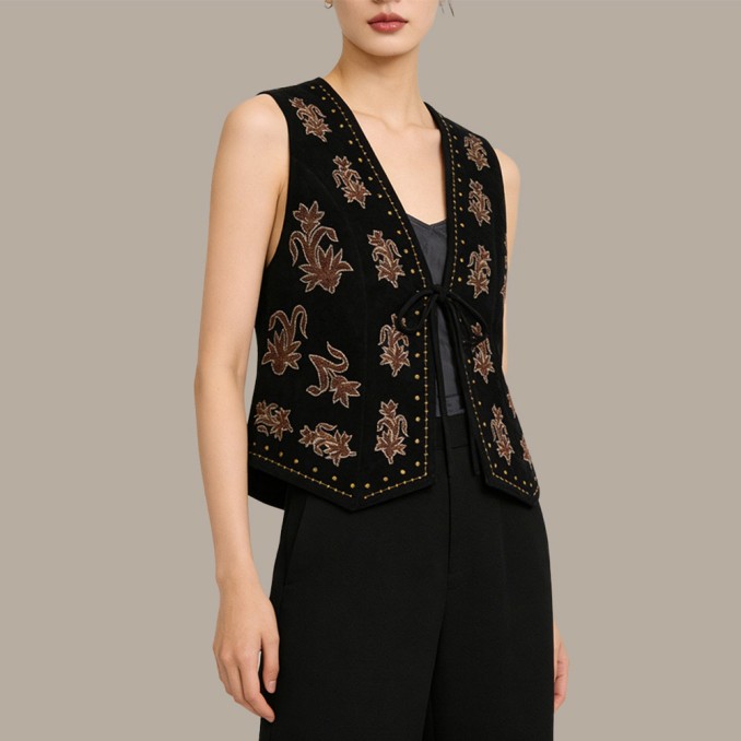 V-Neck Casual Polyester Tie-Waist Vest