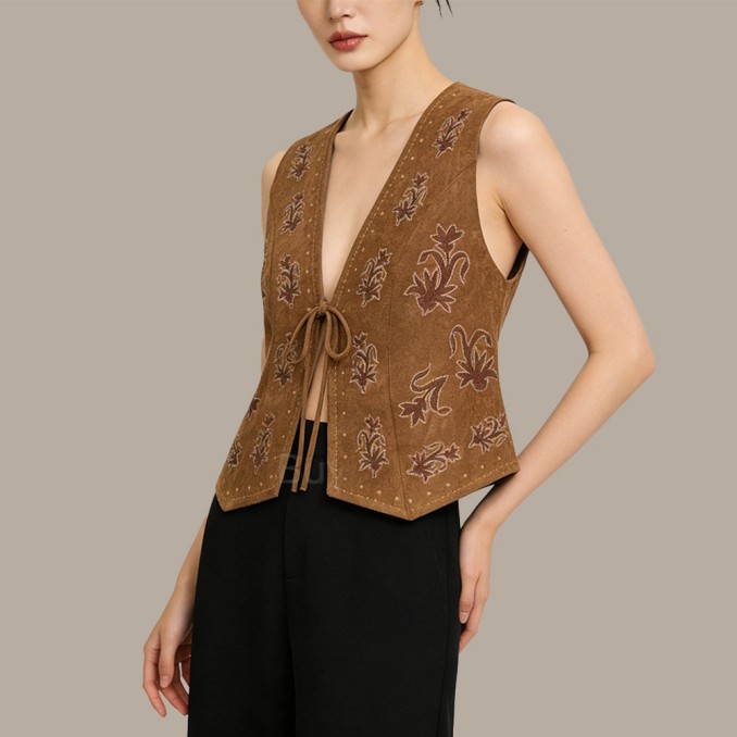 Brown Chinese-Style Vest with Lace-Up Front
