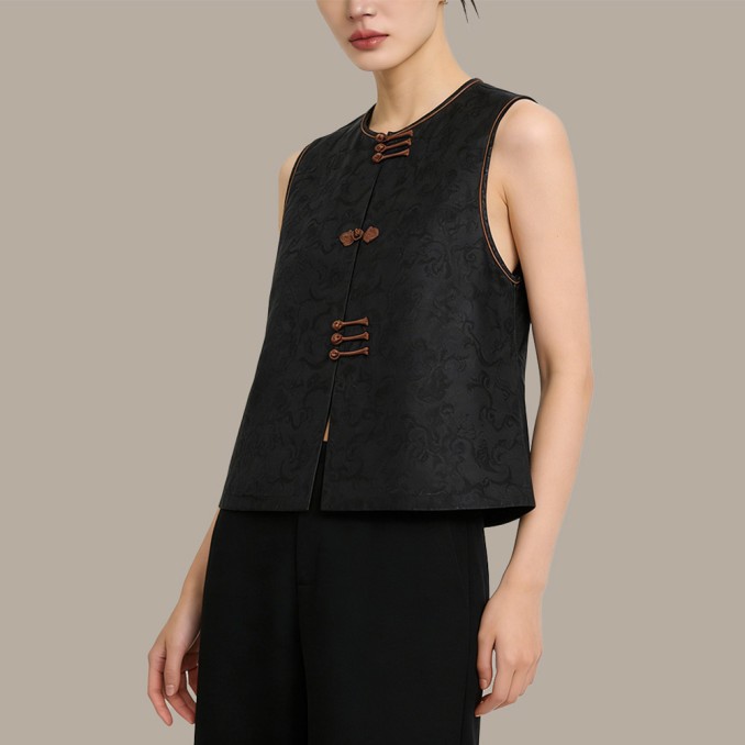 New Chinese-Style Stand-Collar Vest with Beading and Crystal Embroidery
