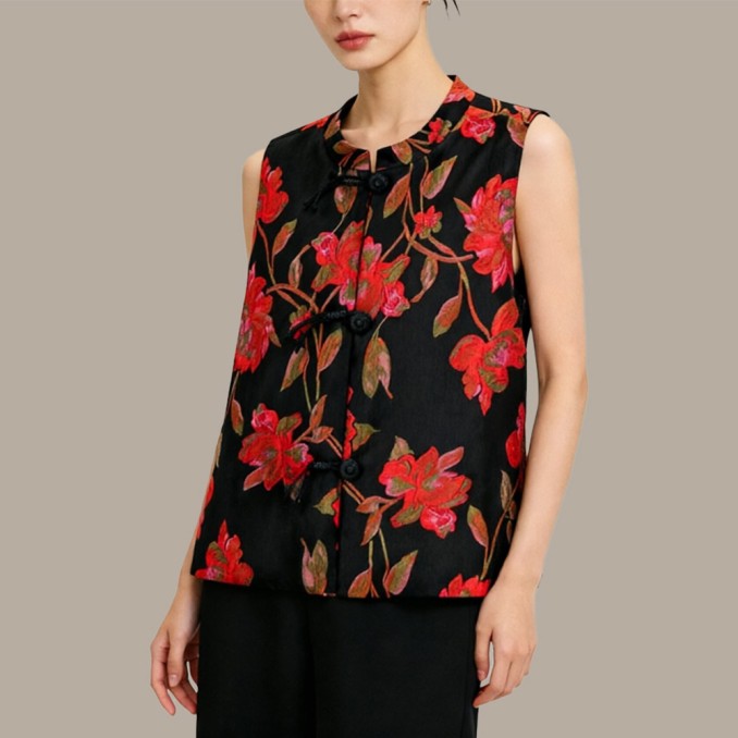 Stand-Collar Jacquard Chinese-Style Vest