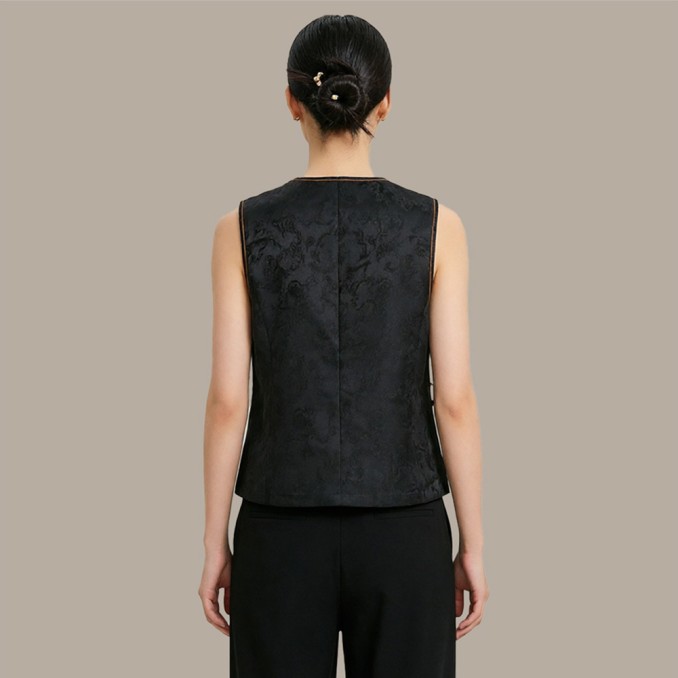 New Chinese-Style Stand-Collar Vest with Beading and Crystal Embroidery