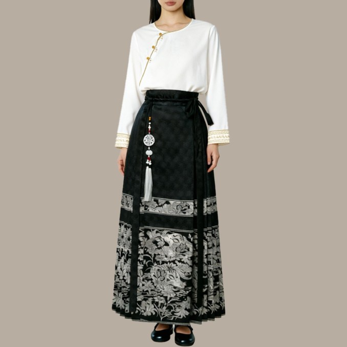 High-waisted women's Chinese-style pleated jacquard skirt