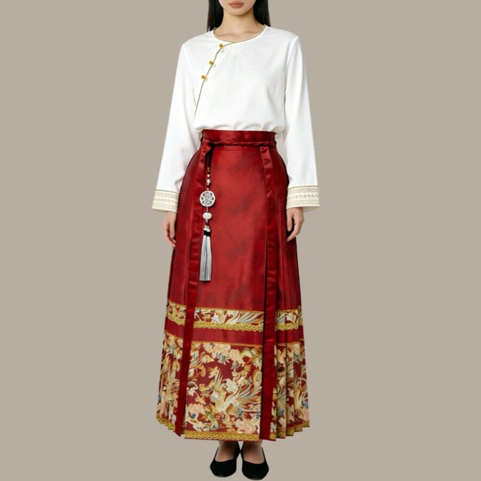 Red embroidered crown waistline horse-face skirt