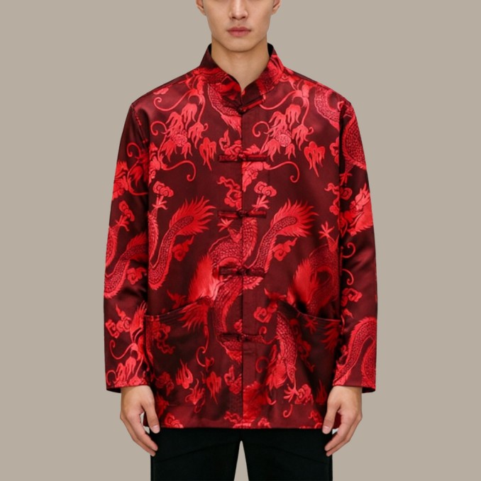 Red Breathable Chinese-Style Stand-Collar Top