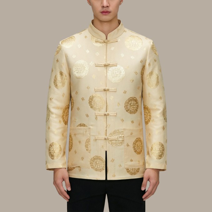 Men's Embroidered Single-Breasted Stand-Collar Top