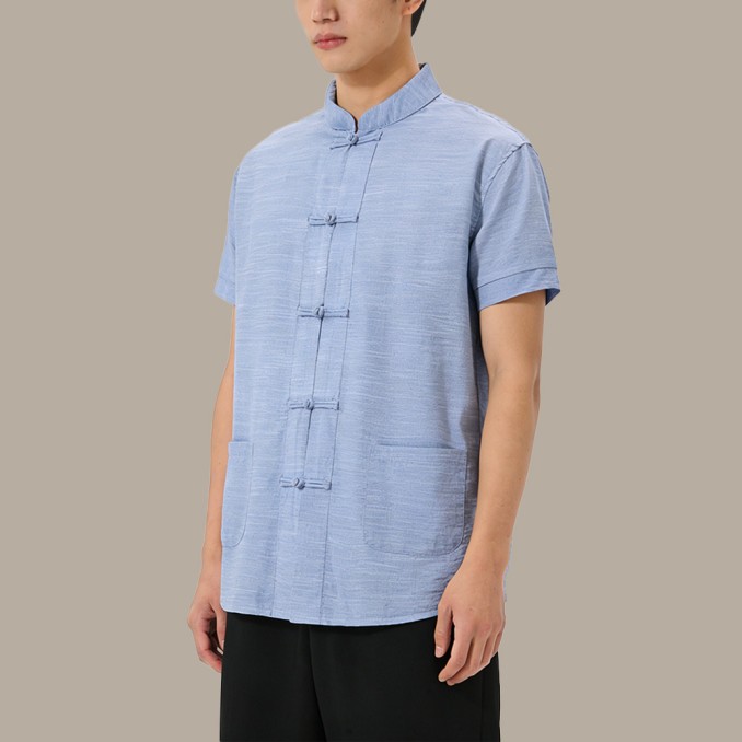 Men's Loose-Fit Short-Sleeve Top with Stand Collar