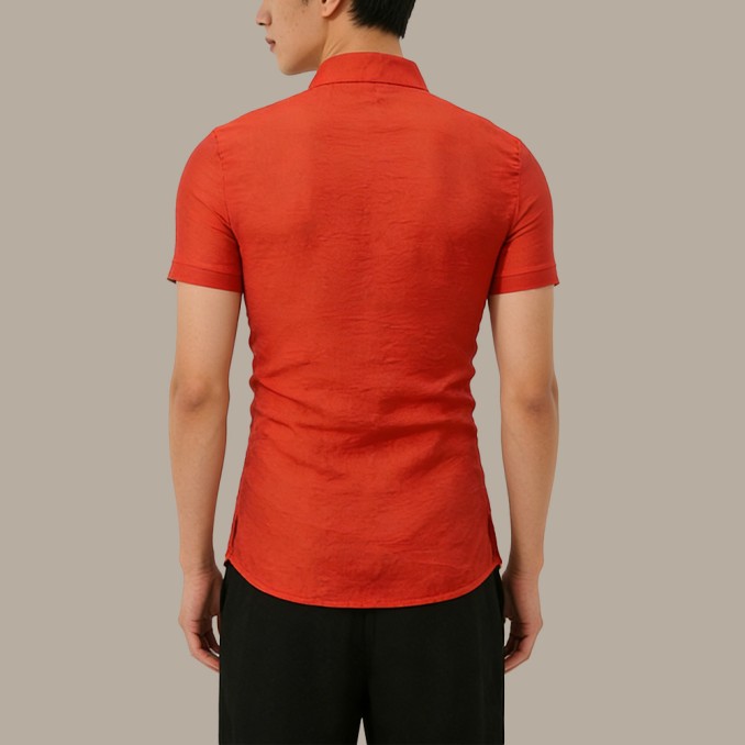 Red Breathable Men's Chinese-Style Top with Stand Collar