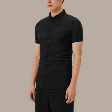 Lightweight Black Short-Sleeve Top with Chinese-Style Stand Collar
