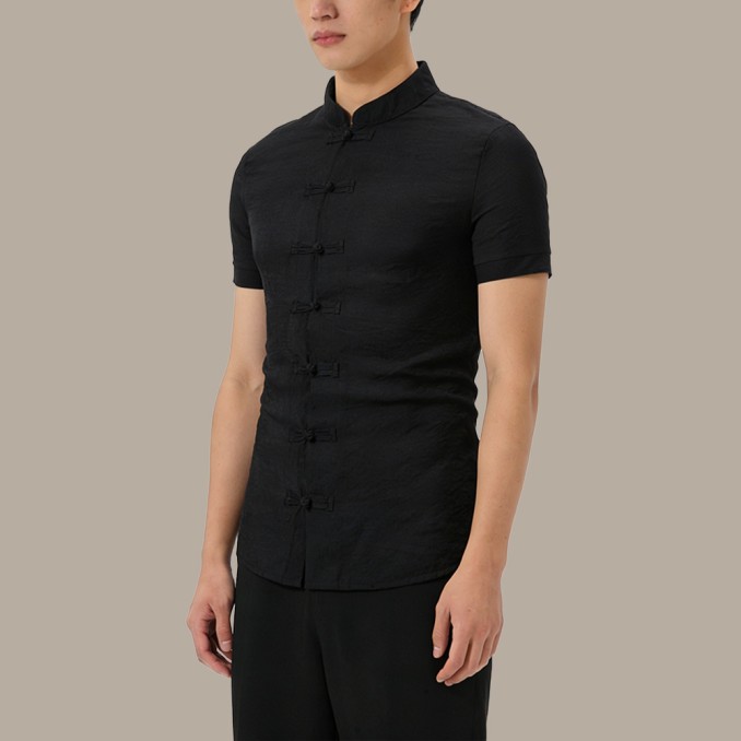 Lightweight Black Short-Sleeve Top with Chinese-Style Stand Collar