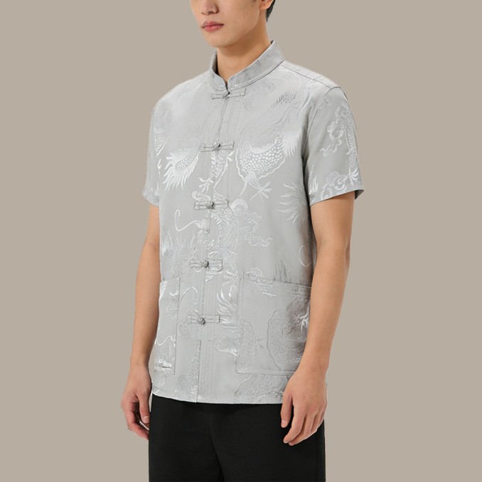 Straight-Cut Chinese-Style Top with Stand Collar and Rounded Cuffs