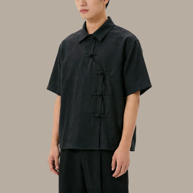Breathable Solid-Color Chinese-Style Top with Turn-Down Collar and Buttons