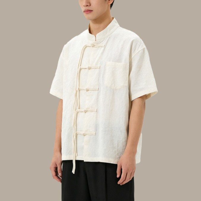 Solid color Chinese-style printed single-breasted top