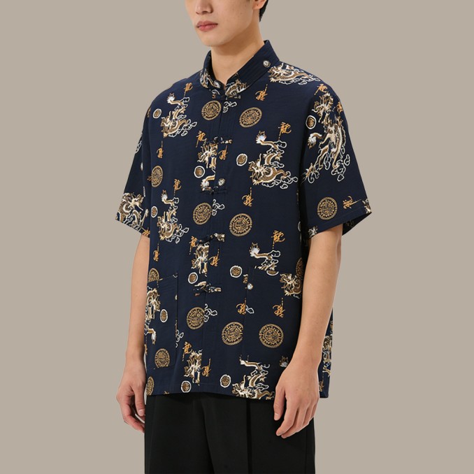 Stand-up collar dragon embroidery buckle Chinese short sleeve