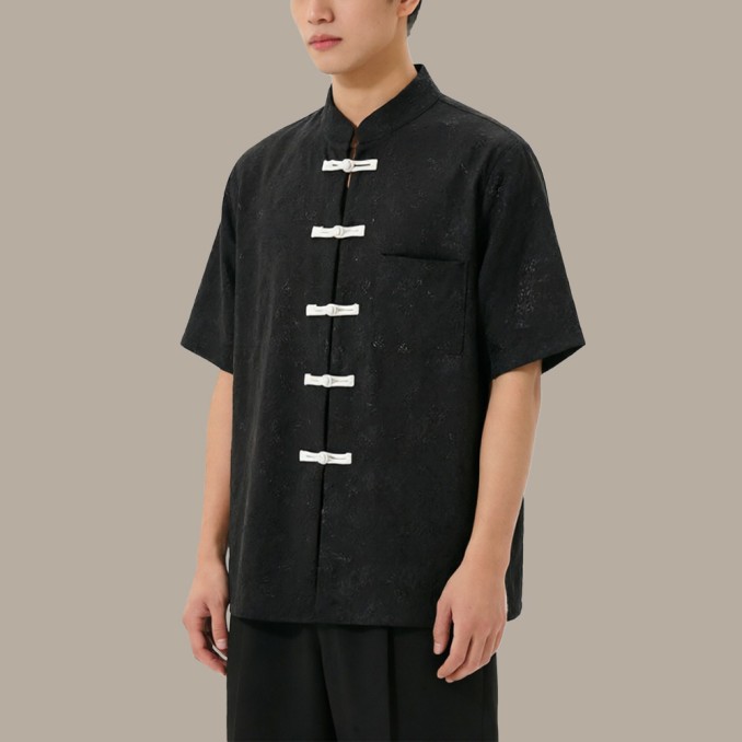 Stand-up collar Henley collar frog button Chinese short sleeve