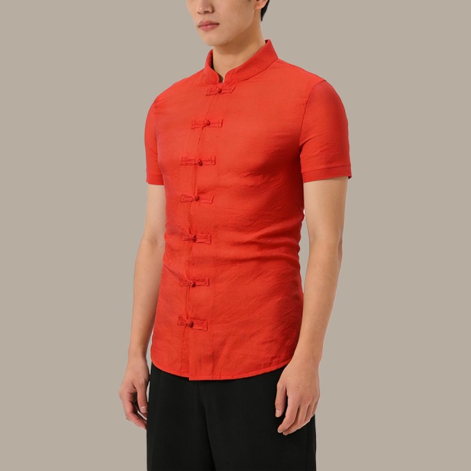Red Breathable Men's Chinese-Style Top with Stand Collar