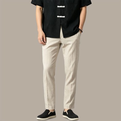 Lightweight Breathable Solid-Color Plain-Weave Linen Trousers